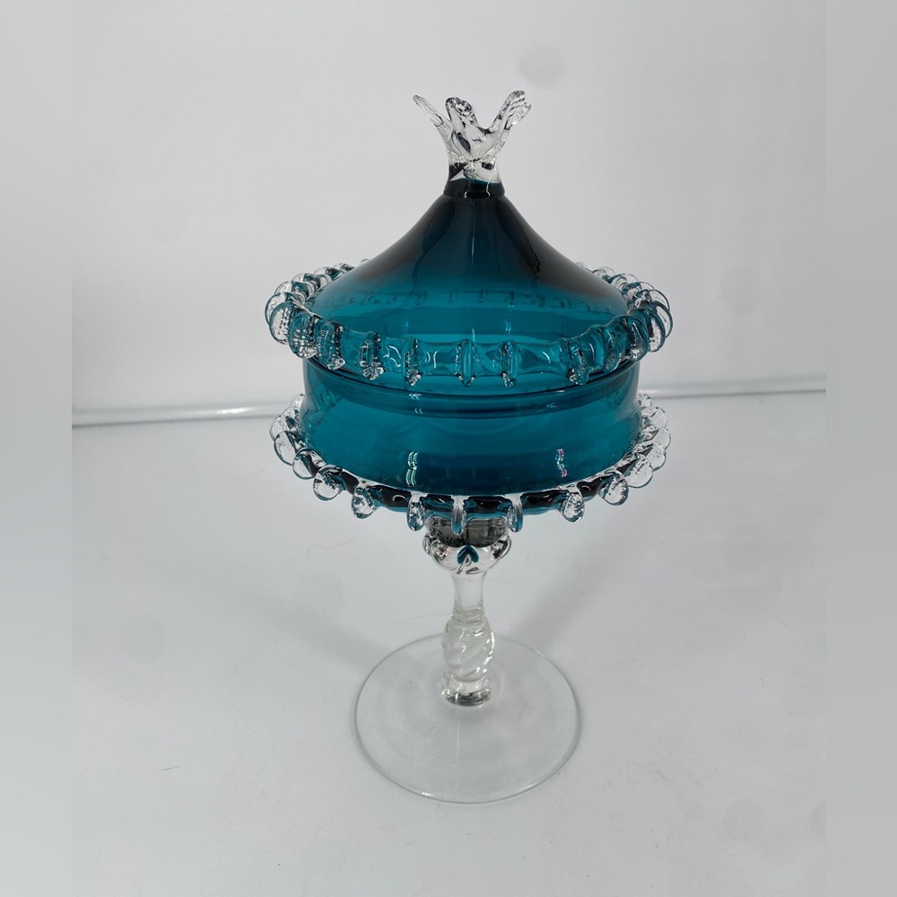 Vintage Murano Italian Art Glass Lidded Peacock Blue Candy Compote Rigaree Edge